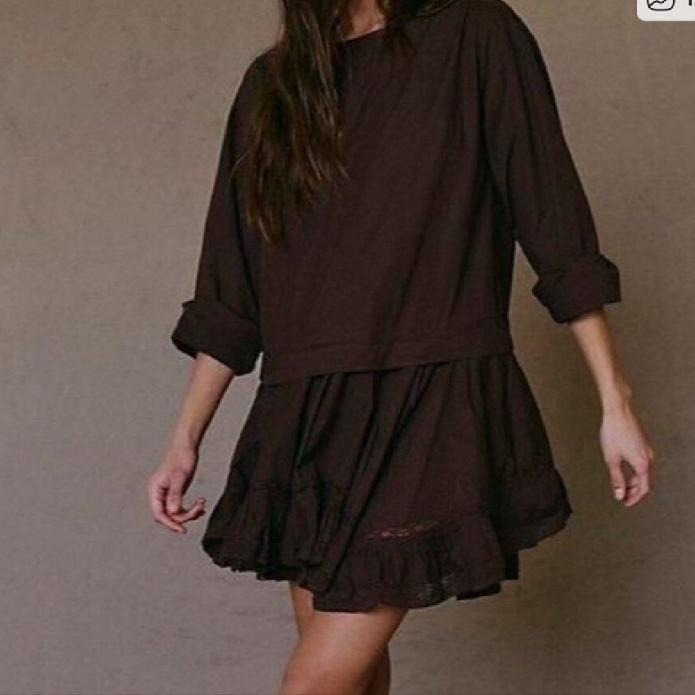 Free People La Bamba  Brown Long Sleeve Asymmetrical Mini Dress Lace Detailing M